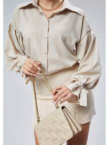 Women Drop Shoulder Solid Color Single-Breasted Casual Loose Blouse - Beige - View 5