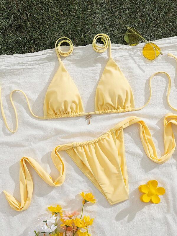 ¡EL talla grande VENDIDO! ¡Imprescindible para las vacaciones! Conjunto de bikini amarillo mantequilla: Detalles 3D y ajustable con pliegues y palmas, de doble capa, traje de baño de moda para mujer, para la playa, verano