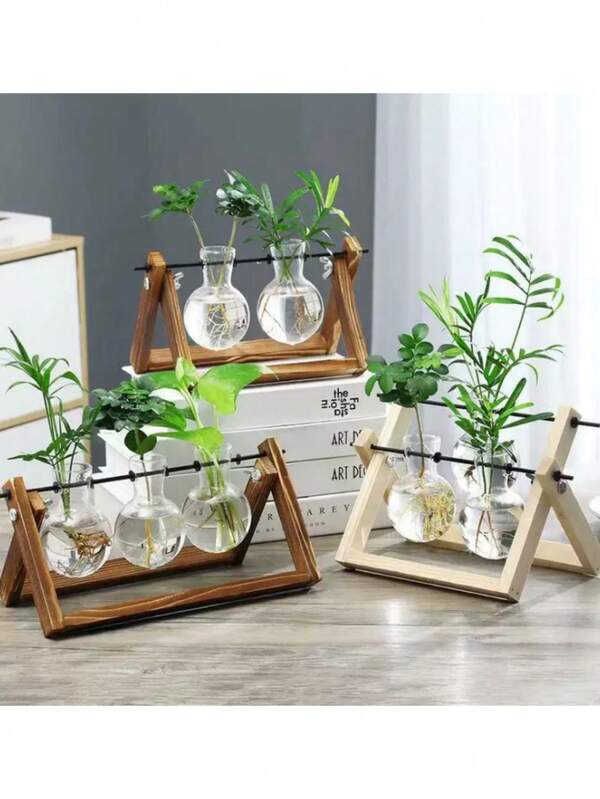 1 Stück Glas-Tischplattenübertopf, Pflanzenanzuchtsstation mit Vintage Holzständer und Pflanzenglas-Behälter, Pflanzenglas-Behälter mit Holzständer, hydroponische Zimmerpflanzen, einzigartiges Gartendeko Geburtstaggeschenk für Pflanzenliebhaber, Blumentöpfe für Heim, Büro, Garten, Hochzeitsdekoration