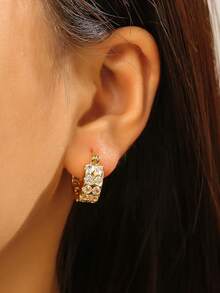 1 par de elegantes pendientes de doble hilera estilo Instagram con incrustaciones, pendientes minimalistas, modernos y versátiles de cobre. - Dorado - Ver 1
