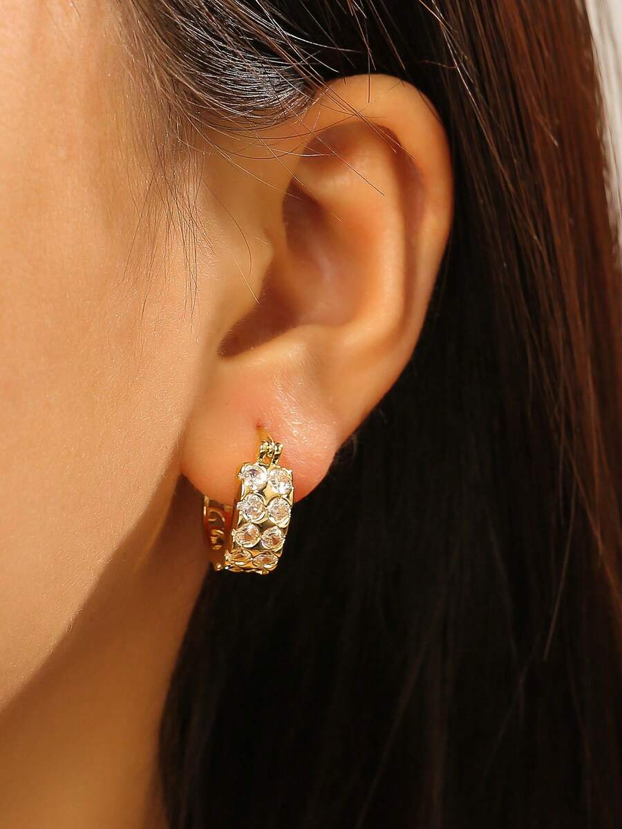 1 par de elegantes pendientes de doble hilera estilo Instagram con incrustaciones, pendientes minimalistas, modernos y versátiles de cobre. - Dorado - Ver 1