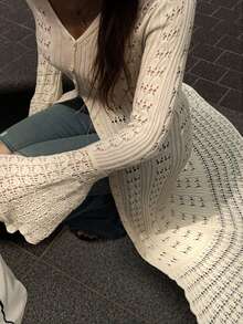 FOR BEAUTY V领长袖针织连衣裙，修身休闲度假设计，薄纱喇叭袖波西米亚风长裙，适合海滩、海边、游泳等场合。