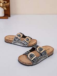 Sandalias estilo boho de corcho con doble hebilla y punta abierta para mujer en talla grande, con estilo vintage colorido para el verano, primavera y fiestas como el Día de la Madre - Negro - Ver 2