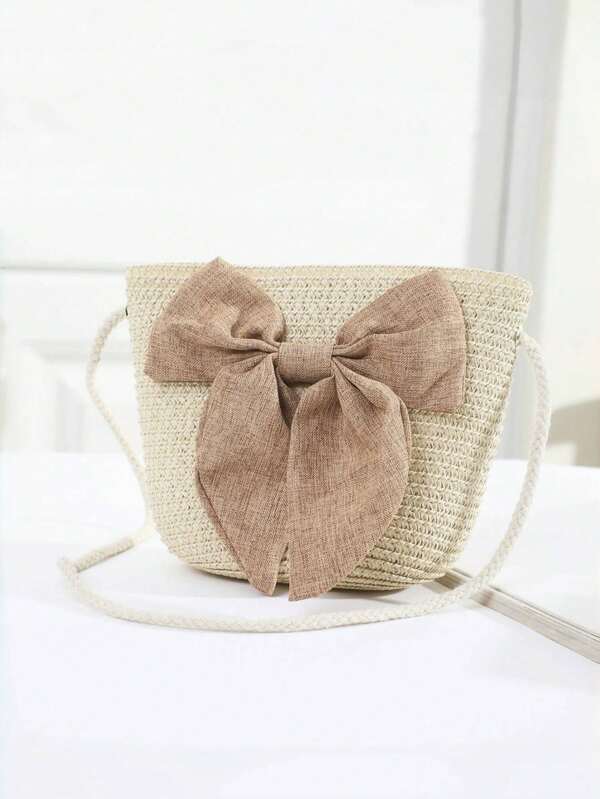 Elegant Beige Straw Crossbody Bag With Large Bow - Woven Texture, Zipper Closure, Ideal For Beach Vacation, Wedding, And Summer Outing, Beach Tote