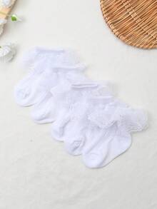 5 Pairs Girls' Double-Layer Lace Trim Ankle Socks, Practical Multipurpose