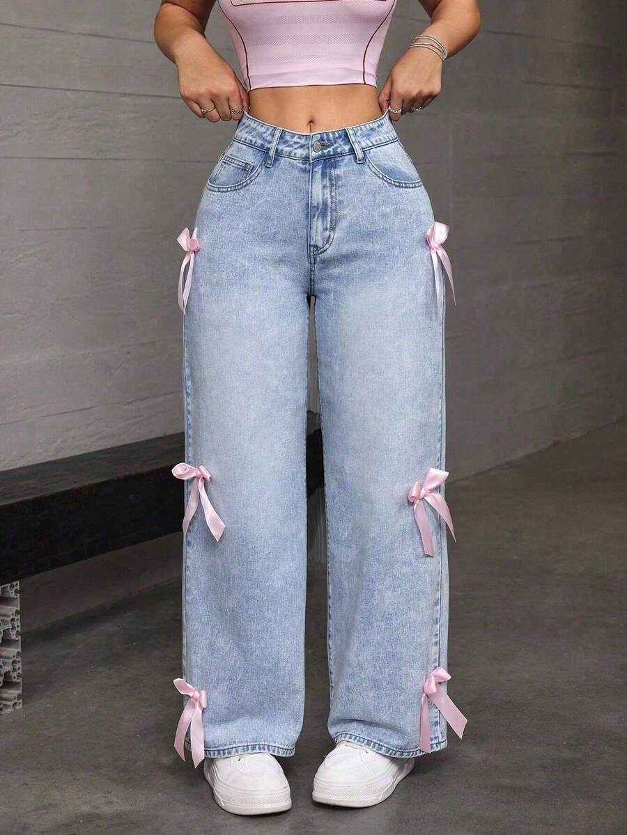 Women's Casual And Fashionable Loose Straight Leg Jeans, Paired With Bow Decorations, Charming And Beautiful, Suitable For All Seasons, Mid Waist Shooting, Suitable For Parties/Dances, Parties, Birthday Parties, Banquets, Nightclubs,Valentine's Day,Clothes,Valentine Outfits For Women, Nightclubs, Music Festivals, Concerts,Pantalón Jean Mujer,Women Clothes,Jeans Para Mujer,Pantalones De Mujer Jean,Ropa De Mujer,Tall Jeans Women,Y2k Clothes,Going Out Outfits,Holiday Outfits For Women,Vacation Outfits Women,Club Outfits For Women,New Years Outfit Women,Holiday Outfits For Women - Màu xanh bụi bặm - Xem 1