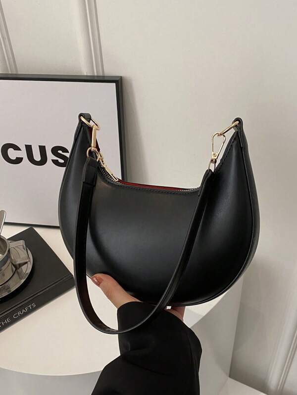 1pc Coffee Brown Crescent Shape PU Leather Shoulder Bag, Minimalist Solid Color Underarm Crossbody Bag For Women, Autumn/Winter