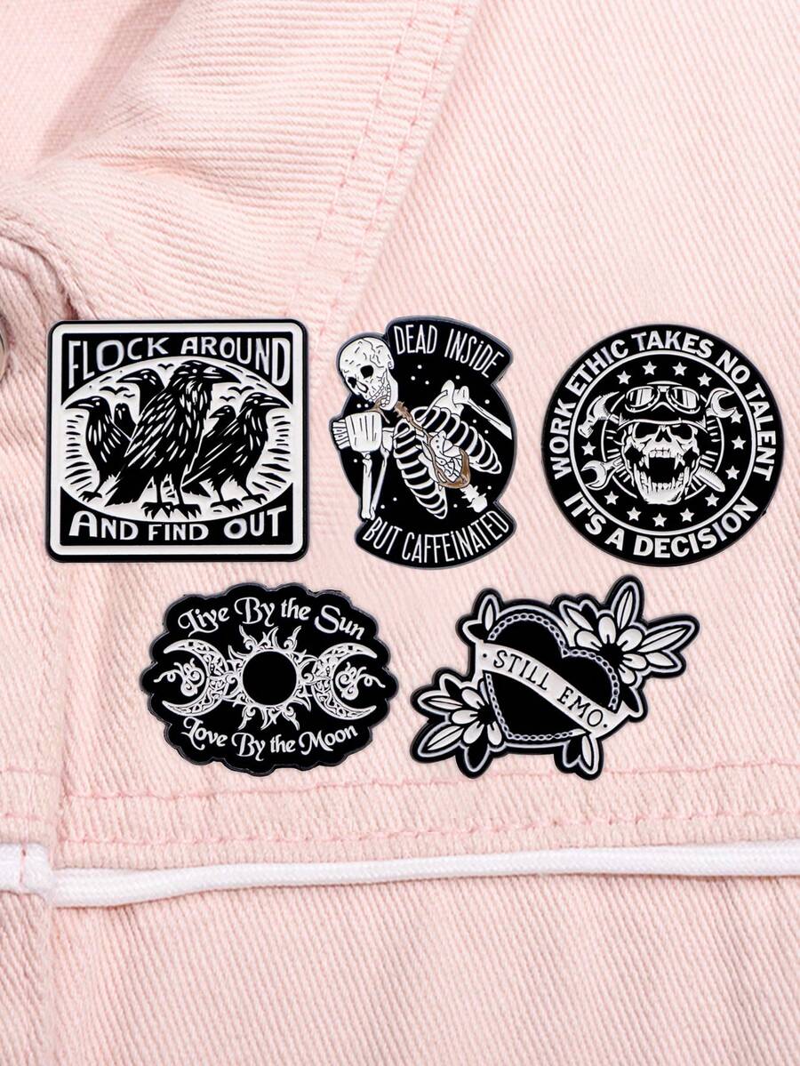 5Pcs Vintage Moon And Sun Enamel Pin Brooch Pines Lapel Pins Badge On Backpack Clothing Accessories Punk Jewelry Gifts - Black and White - View 1