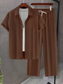 Men's Casual Summer Suit, Simple And Solid Men's Shirt Suit, Casual Short-Sleeved Shirt With Striped Buttons And Elastic Waist Trousers, Suitable For Vacation, Casual Wear, Daily Wear, Suitable As A Gift For Family, Boyfriend, Husband. - 棕色 - 查看 3
