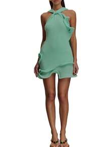 Women Y2k Knitted Mini Dress With Scarf Sleeveless Crochet Lotus Leaf Edge Bodycon Short Dresses Halter Dresses Backless Club Party Night Short Dresses Summer Beach Vacation Sundress - 綠色 - 查看 3