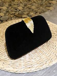 1 buah Tas Clutch Elegan Kotak Beludru, Tas Malam Dekorasi Logam Mengkilap, Cocok untuk Gaun Formal, Pesta, Dompet Pengantin Pernikahan, Tas Selempang - Hitam - View 3