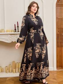 DEARCASE 大码女式V领灯笼袖优雅印花连衣裙