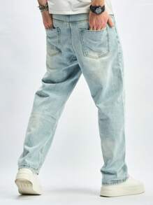 Men's Light Blue Washed Retro Street-Style Loose Fit Straight Leg Jeans, Emo Style - Light Wash - View 2