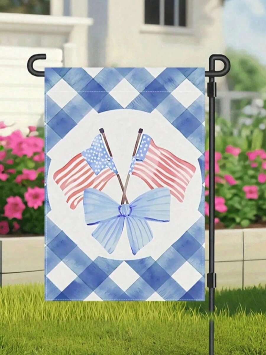 1 件爱国美国国旗花园旗 - 红白蓝设计，适合 7 月 4 日独立日，双面加厚防水户外装饰，12x18 英寸，亚麻材质非常适合门廊、庭院、露台和后院 | 节日旗帜设计 | 防水户外花园旗 | 独立日装饰，不含旗杆