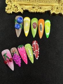 10 Pieces Handmade Press-On Nails, Exquisite Nail Art, Fruit,Hand-Carved Designs, Stunning Leopard Print Patterns, Pink And Yellow Floral Accents, Glittering Artificial Diamonds, Perfect For Spring And Summer Wear, Ideal For Everyday Outfits Or Party Occasions - 彩色 - 查看 2