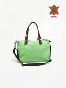 真皮拉链手提包，双色手柄搭配金属皮革，意大利制造，时尚大容量女士单肩包，简约休闲皮革购物袋，纯色大容量女士手提包 - Verde Clarito - 查看 2