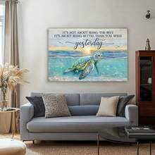 Framed 1PC Inspirational Sea Turtle Canvas Art Print Vibrant Ocean Scene, Ready To Hang Wall Decor For Bedroom & Living Room, Modern Coastal Turquoise Design With Motivational Quote, Living Room Decor|Coastal Wall Art|Readytohang Canvas, Turtle Decor