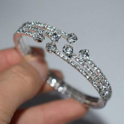 1pc Women's Fashionable Rhinestone Decorated Open Cuff Bracelet, Suitable For Daily Wear