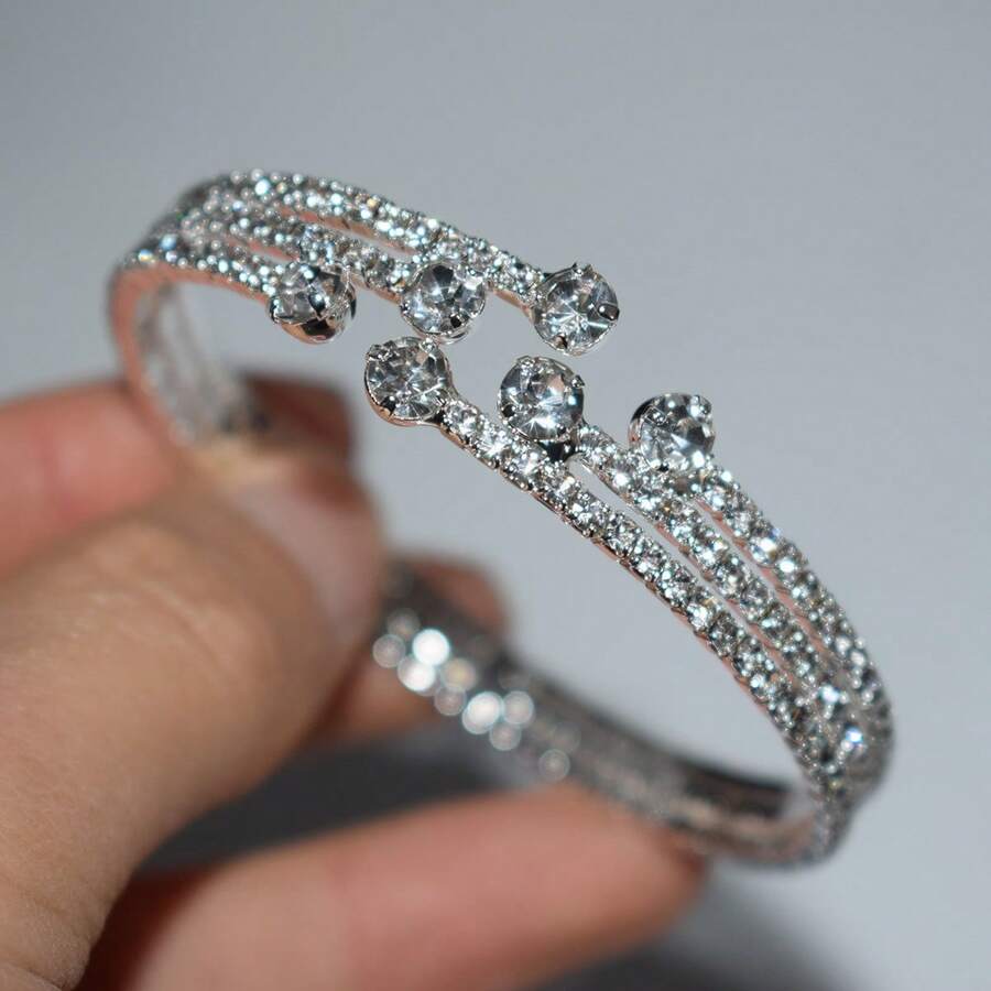 1pc Women's Fashionable Rhinestone Decorated Open Cuff Bracelet, Suitable For Daily Wear - Silver - View 1