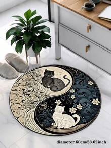 1pc Tai Chi Style Carpet, Black Cat And White Cat Pattern Large Carpet, Circular Floor Mat, Patterned Carpet, Area Carpet, Anti Slip Mat, Living Room Carpet, Bedroom Carpet, Entrance Carpet