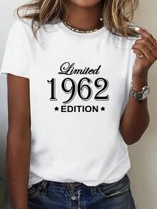 Summer Women's Regular Long 1962 Printed Round Neck Vacation Women's Clothing, Women's Birthday Clothing, Summer Tops, Business Casual Women's Sports Short Sleeves, Festival Outfits For Women - White - View 1