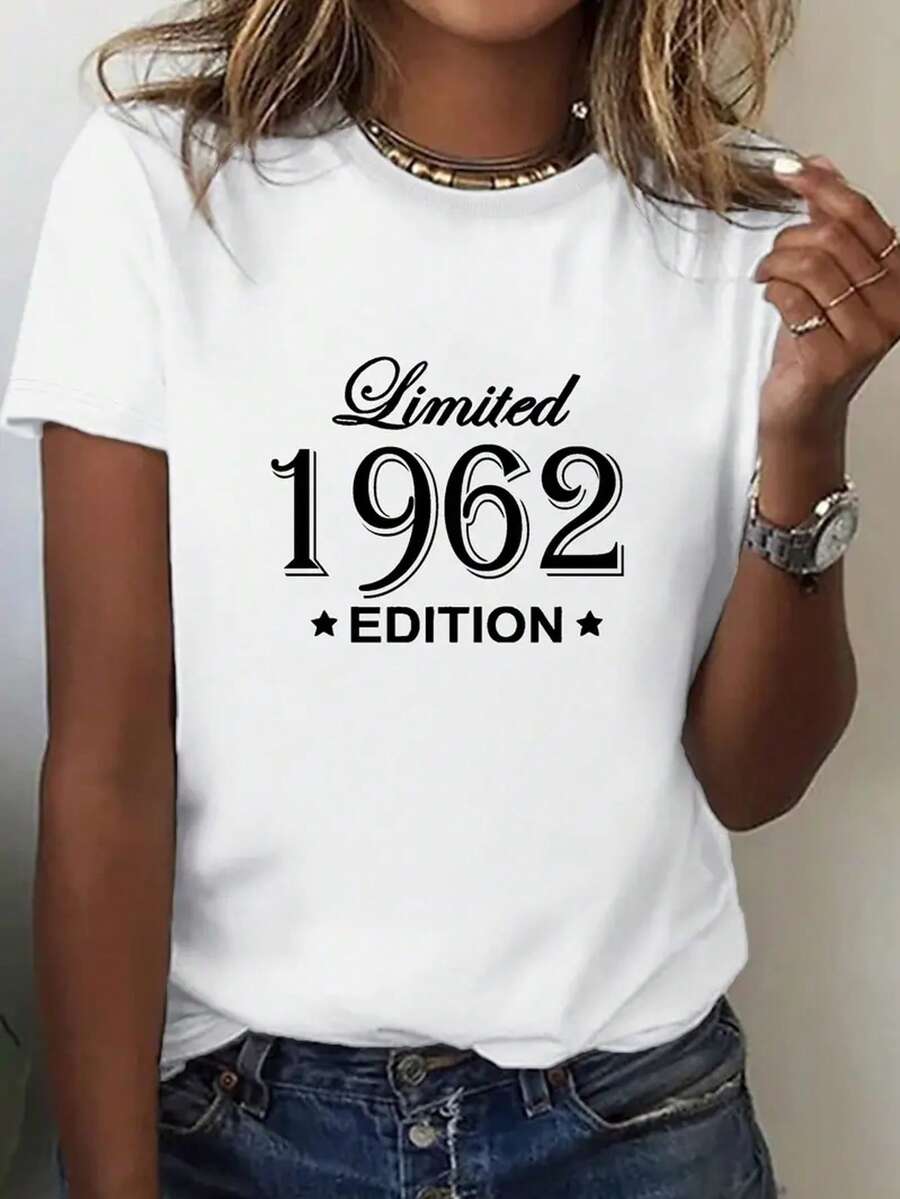 Summer Women's Regular Long 1962 Printed Round Neck Vacation Women's Clothing, Women's Birthday Clothing, Summer Tops, Business Casual Women's Sports Short Sleeves, Festival Outfits For Women - White - View 1