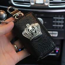 1pc Luxury Crown Faux Leather Keychain Case, Secure Zipper Car Key Holder, Durable Compact Design For Men & Women - Premium Auto Accessories By - Black - View 1