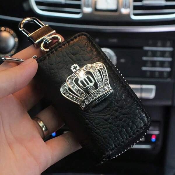 1pc Luxury Crown Faux Leather Keychain Case, Secure Zipper Car Key Holder, Durable Compact Design For Men & Women - Premium Auto Accessories By