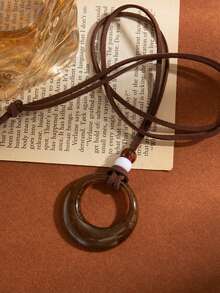 1PC Vintage Black Leather Cord Long Round Circle Pendant Necklace, Suitable For Women Daily Wear