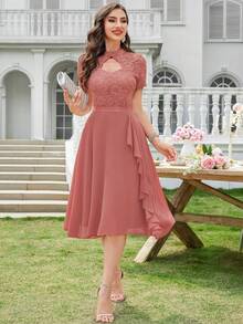 MIUSOL Floral Lace High Neck Side Ruffle Chiffon Cocktail Party Swing Dress - Dusty Pink - View 11