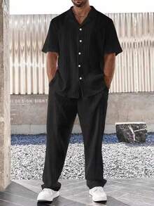 Men's Casual Summer Suit, Simple And Solid Men's Shirt Suit, Casual Short-Sleeved Shirt With Striped Buttons And Elastic Waist Trousers, Suitable For Vacation, Casual Wear, Daily Wear, Suitable As A Gift For Family, Boyfriend, Husband. - 黑色 - 查看 2