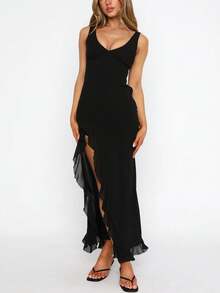 European & American Style Women's Summer New Ruffle Hem Sexy Black Party Cocktail Dress, Versatile Evening Gown - Black - View 1