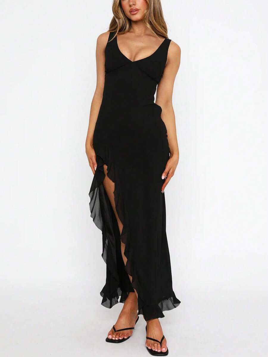 European & American Style Women's Summer New Ruffle Hem Sexy Black Party Cocktail Dress, Versatile Evening Gown - Black - View 1