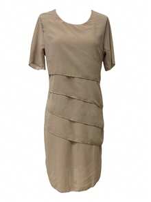 New Elegant Casual Chiffon Dress For Women In Autumn/Winter, Solid Color Short Sleeve Round Neck Flowy Ruffle Hem Loose Waist Dress, Breathable Draping, Suitable For Office, Party And Daily Wear - Apricot - View 2