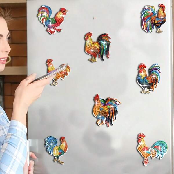 8pcs/Set DIY Diamond Art Fridge Magnets Kits - Rooster Designs Round Acrylic Diamond Painting Refrigerator Magnets For Home Decoration And Daily Management, Mosaic Craft Magnet Stickers For Refrigerator, Laptop, Car, Mailbox Decoration, A Good Handmade Gifts For Family And Friends, Perfect For Party And Festival Holiday Party Decoration