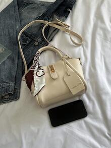 1 件时尚简约扣式 PU 挎包单肩托特包手提包配围巾，适合日常使用 - 白色 - 查看 7