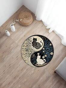 1pc Tai Chi Style Carpet, Black Cat And White Cat Pattern Large Carpet, Circular Floor Mat, Patterned Carpet, Area Carpet, Anti Slip Mat, Living Room Carpet, Bedroom Carpet, Entrance Carpet