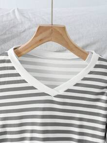 Women's Striped Long Sleeve V-Neck Top & Shorts Casual Homewear Lounge Set Cozy Outfit, Fall Winter Clothes - Grey - View 4