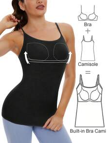 Built-In Shelf Bra Tank Tops For Women Adjustable Spaghetti Strap Camisole Camisas Para Mujer Adjustable Straps Shapewear Tops Black - 黑色 - 查看 1