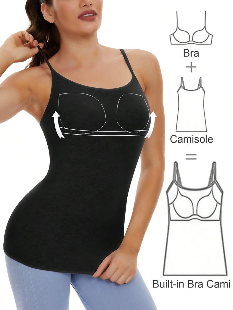 Built-In Shelf Bra Tank Tops For Women Adjustable Spaghetti Strap Camisole Camisas Para Mujer Adjustable Straps Shapewear Tops Black - màu đen - Xem 1