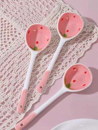 1PC/2PCS/Set Strawberry Ceramic Spoon Long Handle Soup Spoon Household Spoon Rice Spoon Dessert Spoon Pink Series,School Supplies