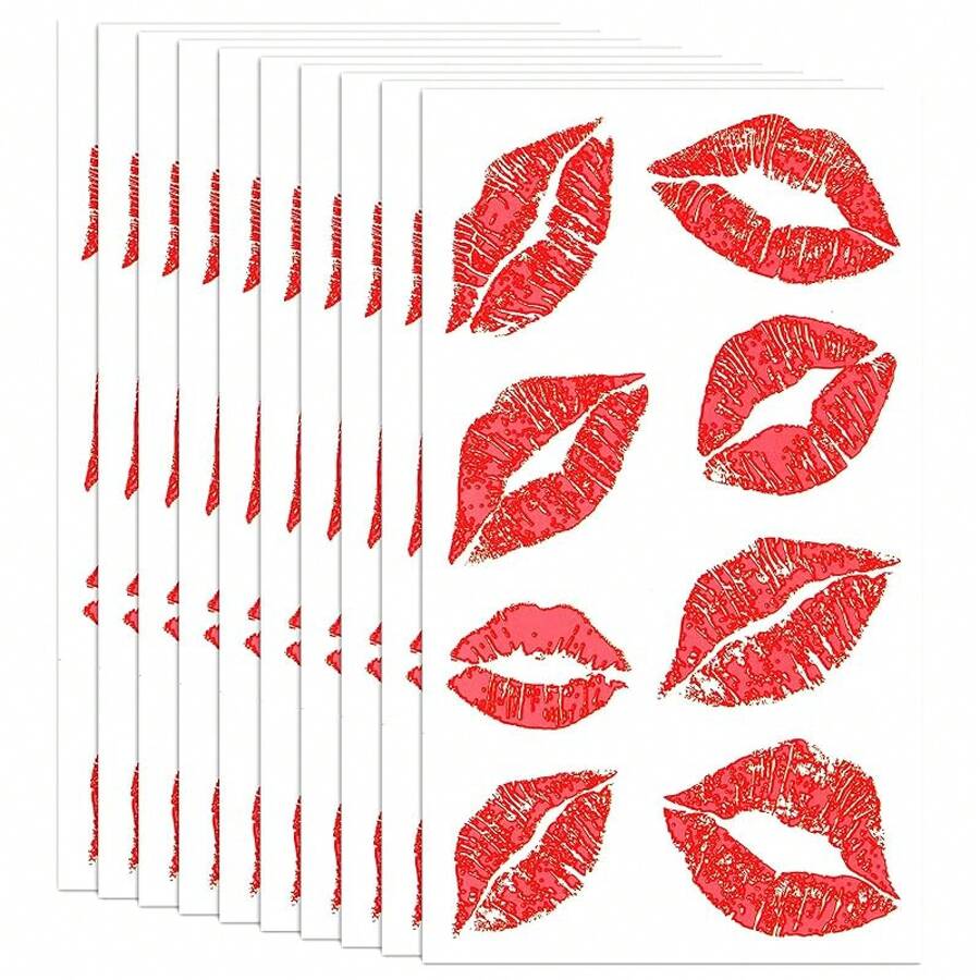 10 Sheets/80pcs Red Fake Lips Temporary Tattoo Stickers,Waterproof Red Kiss Temporary Tattoo Stickers,Sexy Lip Stickers Print For Adult Women Valentines Day Theme Decorations - Red - View 1