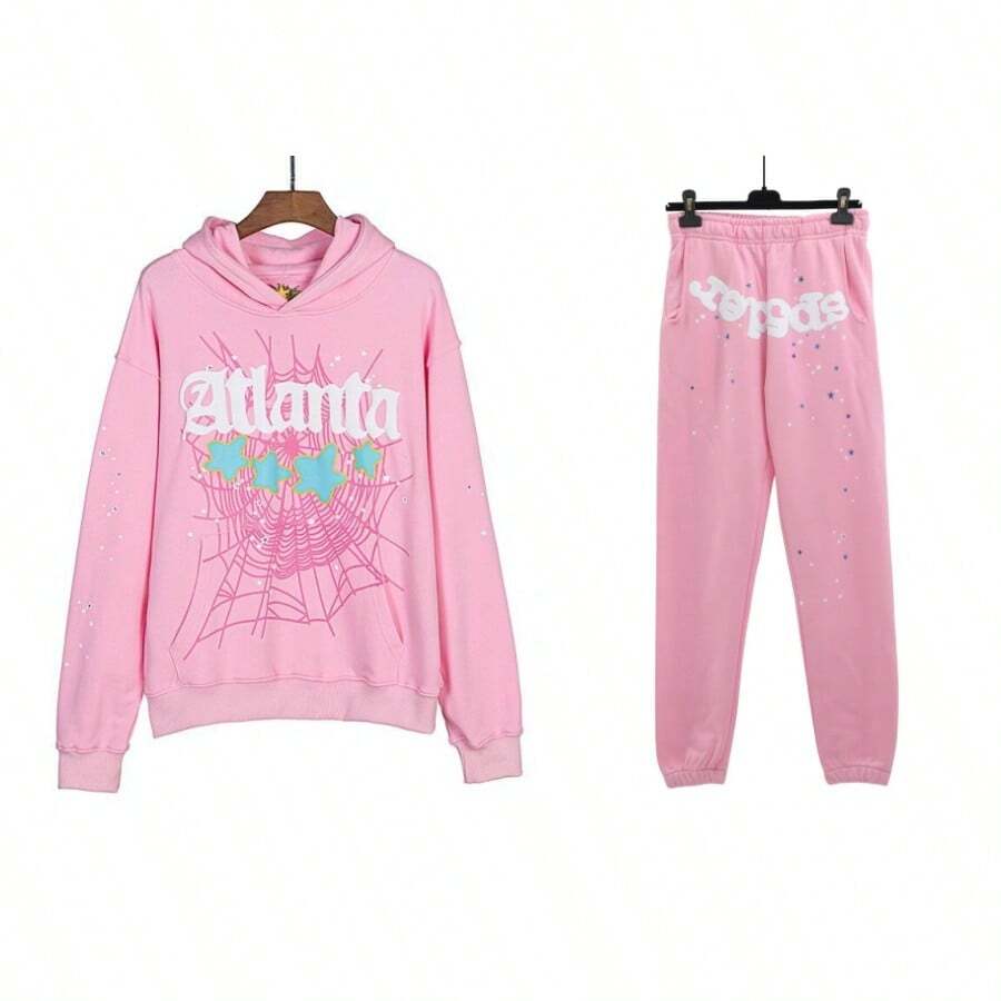 Hip Hop Spider Hoodies Set Y2k Hoodie Tracksuit Pullover Sweatshirt For Women Men Matching Hoodies Street Suit Two-Piece Set Casual - Playful & Cute Letter Spring/Fall Regular Fit Drawstring Pocket - Hồng - Xem 1