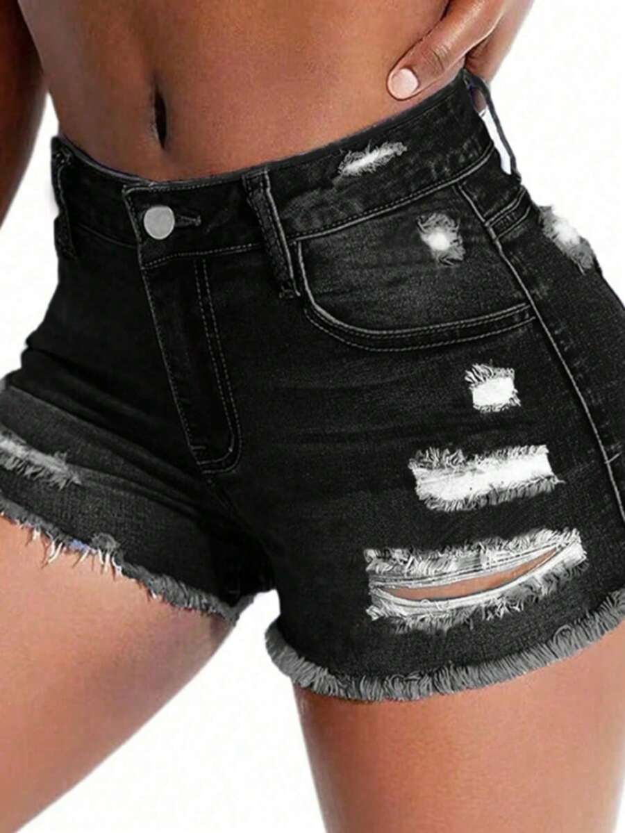 Mid-Waist Skinny Stretch Shorts - Distressed Frayed Hem, Showcasing Fashionable Style - Dark Grey - View 1