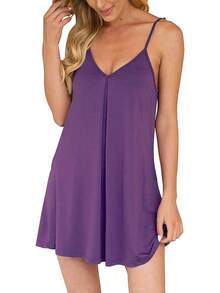Nightgown Women Loose Sleepwear Pajama Dress Soft Nightshirt Sleeveless Nightdress Chemise - 紫色 - 查看 1