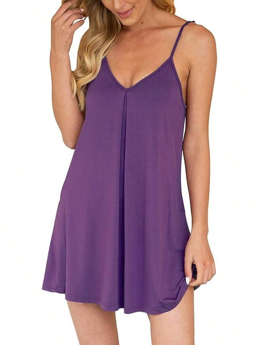 Nightgown Women Loose Sleepwear Pajama Dress Soft Nightshirt Sleeveless Nightdress Chemise - 紫色 - 查看 1
