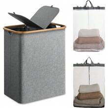 Set di cesti portaoggetti per il bucato di grandi dimensioni, pieghevole con coperchio, con manico, con borsa interna rimovibile, cesto portabiancheria con manico in bambù, adatto per dormitori, camere da letto, bagni, organizzazione dello spazio, forma rettangolare, cesto per il bucato