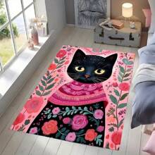 A Large Modern Minimalist-Style Rug Featuring A Pink Black Cat Pattern, Designed With Personalized Black Cat Motifs In A Contemporary And Simple Aesthetic; Retro-Inspired Style That Perfectly Complements Various Home Decor. Crafted From High-Density Materials With Anti-Slip Particles On The Underside For Enhanced Friction. Kitchen Rug