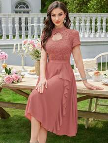 MIUSOL Floral Lace High Neck Side Ruffle Chiffon Cocktail Party Swing Dress - Dusty Pink - View 5