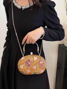 花卉亮片拼布椭圆形手拿包，适合晚会、派对、约会、购物，配有可拆卸链条肩带